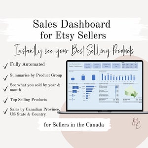 Canada Etsy Sellers Sales Dashboard - Automated Interactive Product Sales Excel Spreadsheet  | By Year, Month, Country, Province & Product