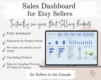 Canada Etsy Sellers Sales Dashboard - Automated Interactive Product Sales Excel Spreadsheet  | By Year, Month, Country, Province & Product