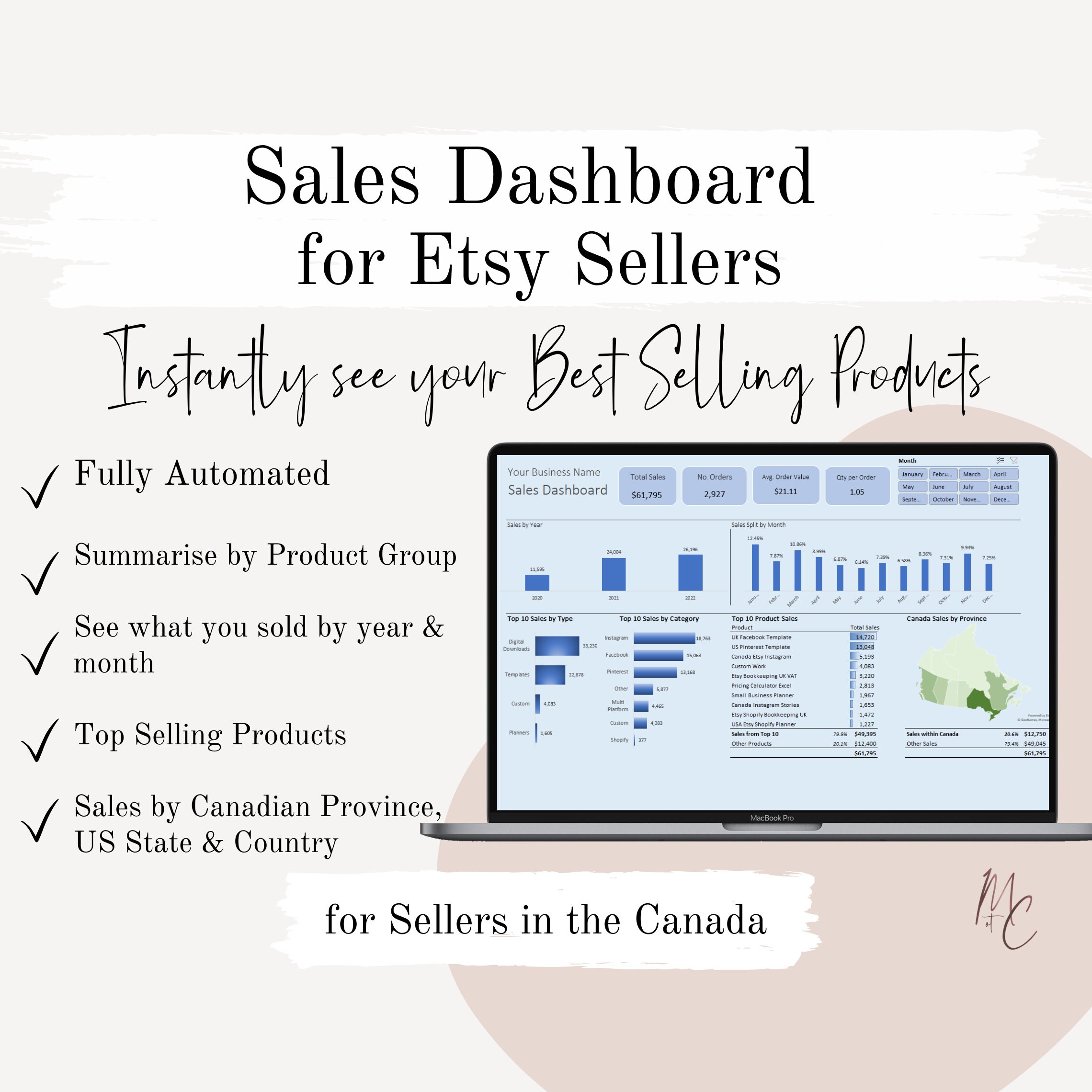 Canada Etsy Sellers Sales Dashboard - Automated Interactive Product Sales Excel Spreadsheet  | By Year, Month, Country, Province & Product