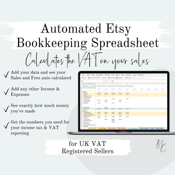 Etsy Automated Bookkeeping for UK VAT registered Sellers  | Excel Income & Expense Spreadsheet, Profit + Loss Accounting Template