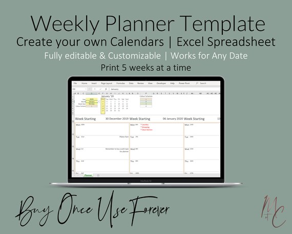 week on 1 page excel calendar template dated spreadsheet printable editable 2019 2020 weekly agenda planner for any date filofax refill week spreadsheet