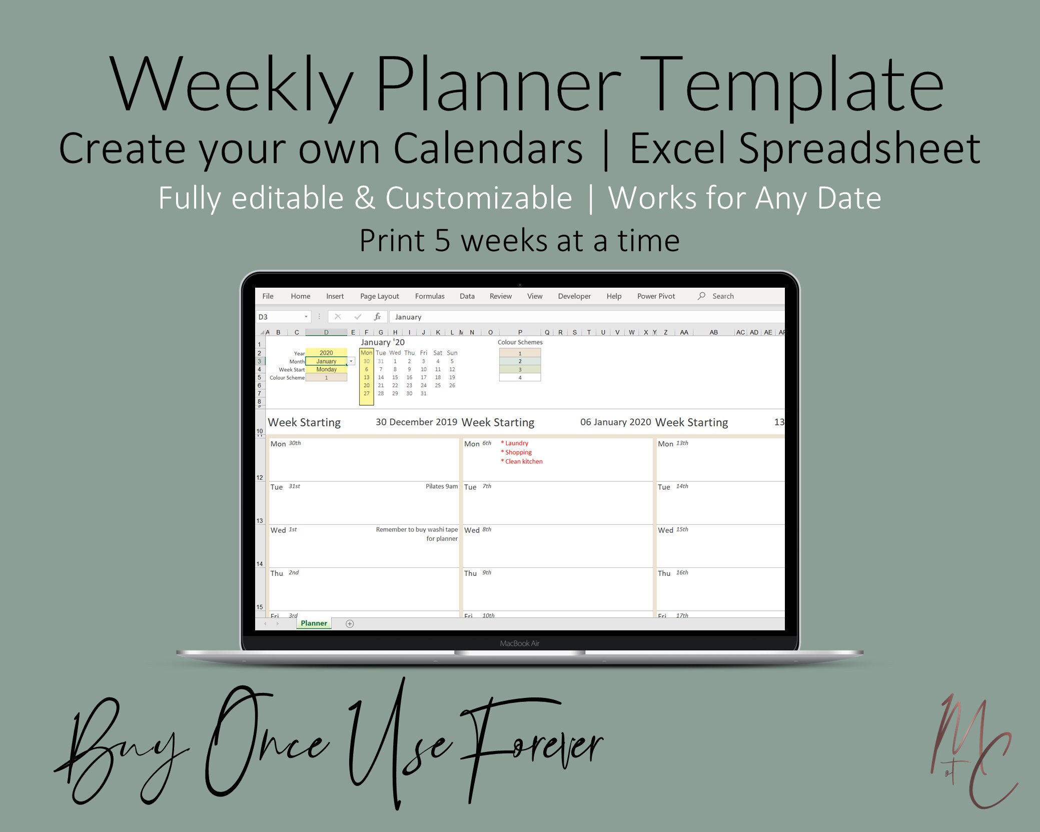 week on 1 page excel calendar template dated spreadsheet etsy