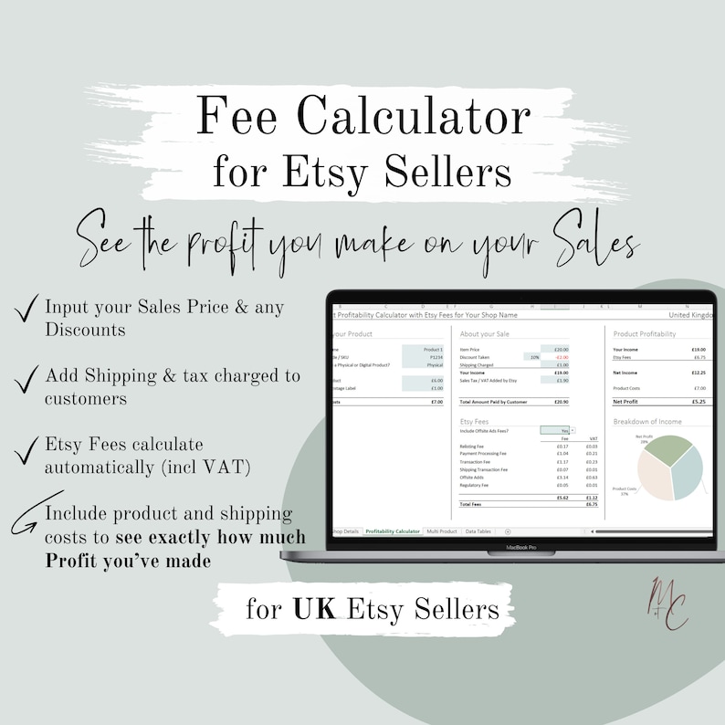 UK Etsy Fee and Product Profitability Calculator for UK Sellers Spreadsheet in Excel & Google Sheets Simple Auto calculations image 1