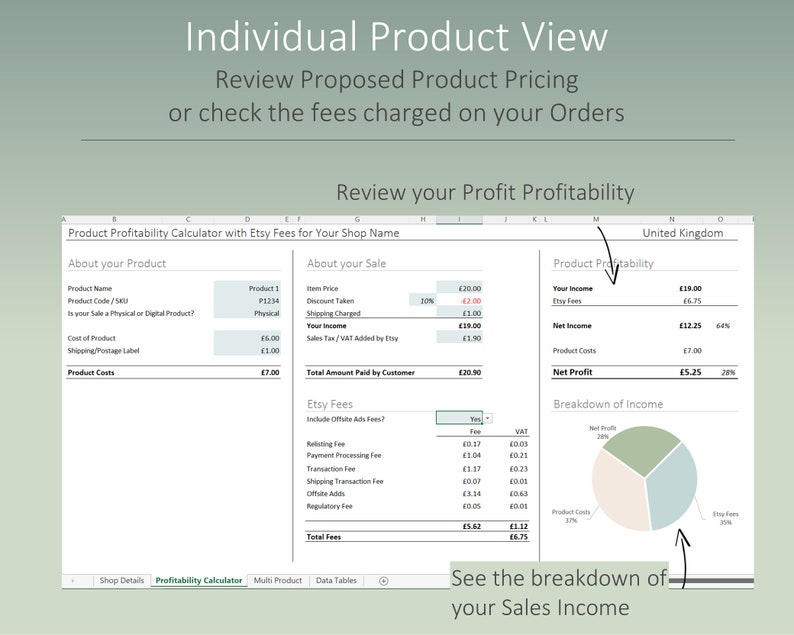 UK Etsy Fee and Product Profitability Calculator for UK Sellers Spreadsheet in Excel & Google Sheets Simple Auto calculations image 4