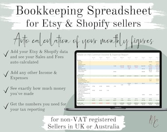 Etsy Shopify Bookkeeping Spreadsheet UK / AU | Automated from CSV Downloads | Accounting Sales, Income, Fees & Expenses Excel Template