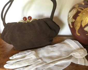 Vintage bag evening purse 1930 brown suede bakelite