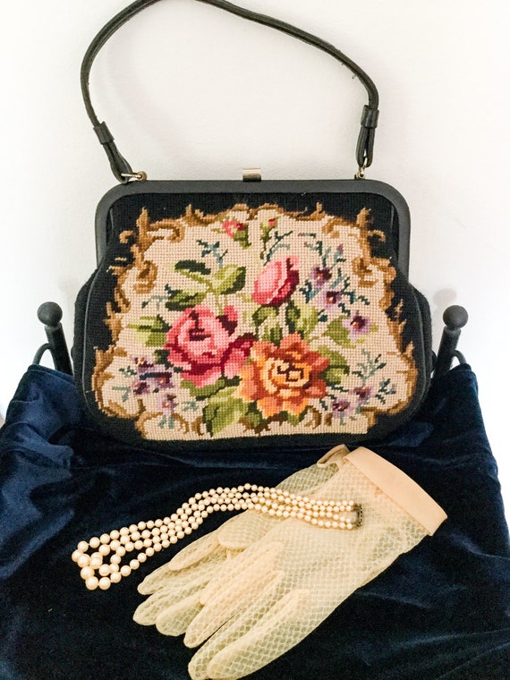 Vintage needle point 1950 Tapestry bag floral top