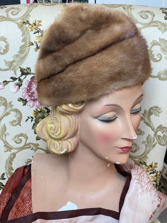 Vintage hat fur 1950 blue brown hat 40s 50s