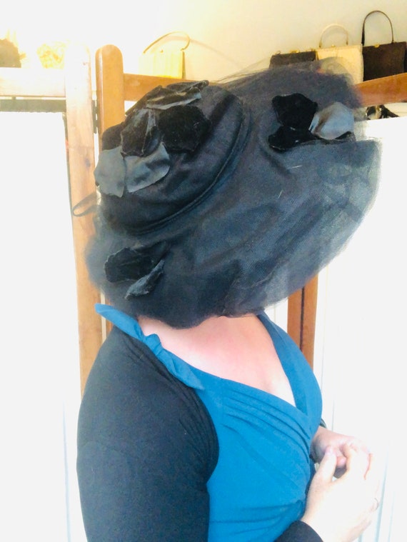 Vintage black hat flower platter hat soucer silk h