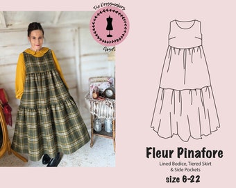 Fleur Pinafore Dress Naaipatroon, Downloadbare PDF, DIY, Kleermakerij, Digitaal naaipatroon, 6-22 maatbereik