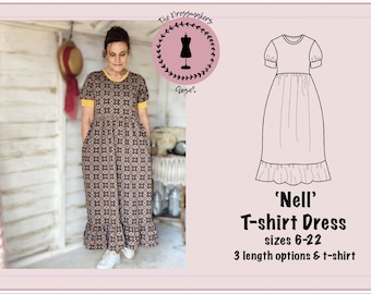 The Nell T-Shirt-Kleid Schnittmuster, herunterladbare PDF, DIY, Schneiderei, digitales Schnittmuster, 6-22 Größenbereich, 4 Längenoptionen