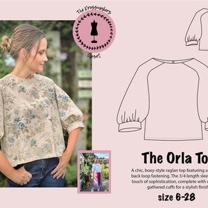 The Orla Top Schnittmuster, herunterladbare PDF-Datei, DIY, Nähen, digitales Schnittmuster, Größenbereich 6-28, Raglanärmel Bild 1