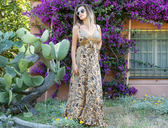 Vestito seta lungo Lali stile romantico senape marrone oro | Etsy Italia