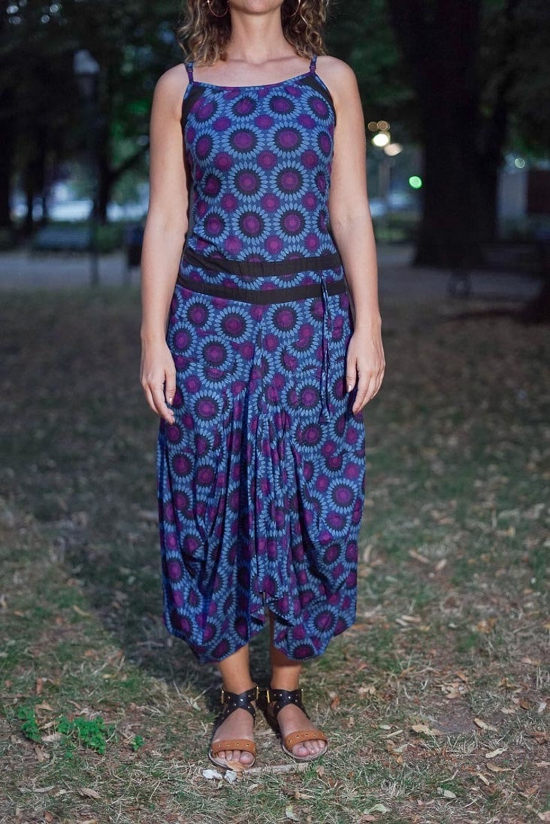 Nandita long woman/'s dress with bag skirt purple blue flower