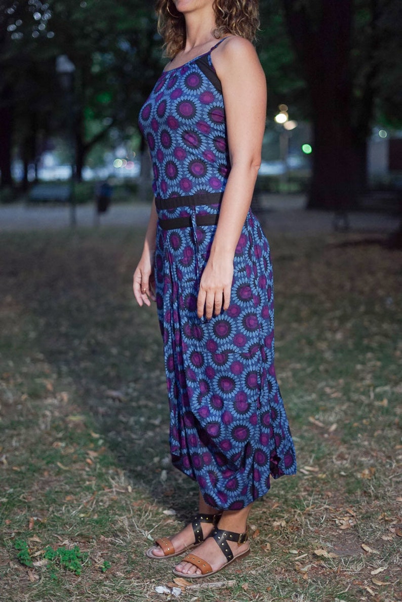 Nandita long woman/'s dress with bag skirt purple blue flower