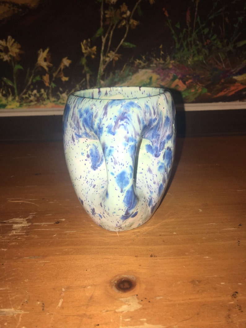 3 38\u201d x 2 78\u201d Hand Crafted Glazed Clay Pottery Studio Art Blue /& Green Spotted Mug Cup Signed by Artist \u2018JG\u2019