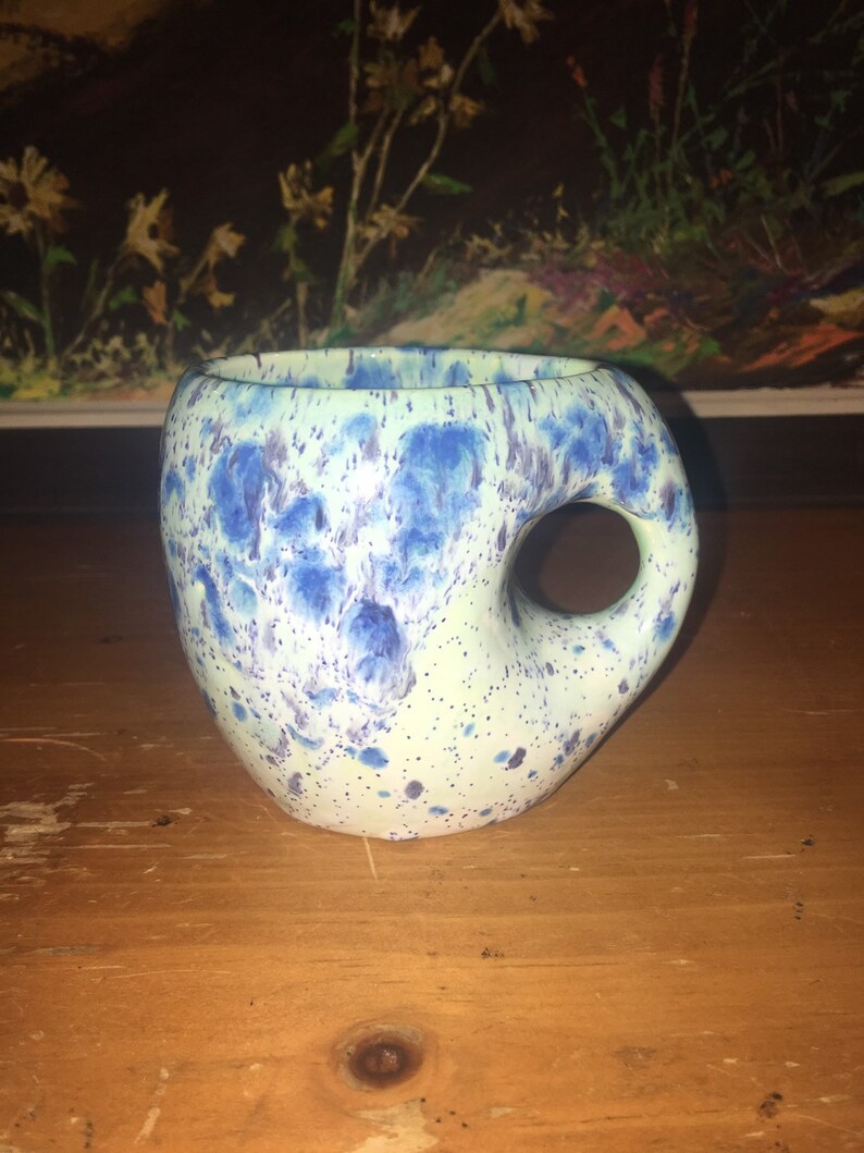 3 38\u201d x 2 78\u201d Hand Crafted Glazed Clay Pottery Studio Art Blue /& Green Spotted Mug Cup Signed by Artist \u2018JG\u2019