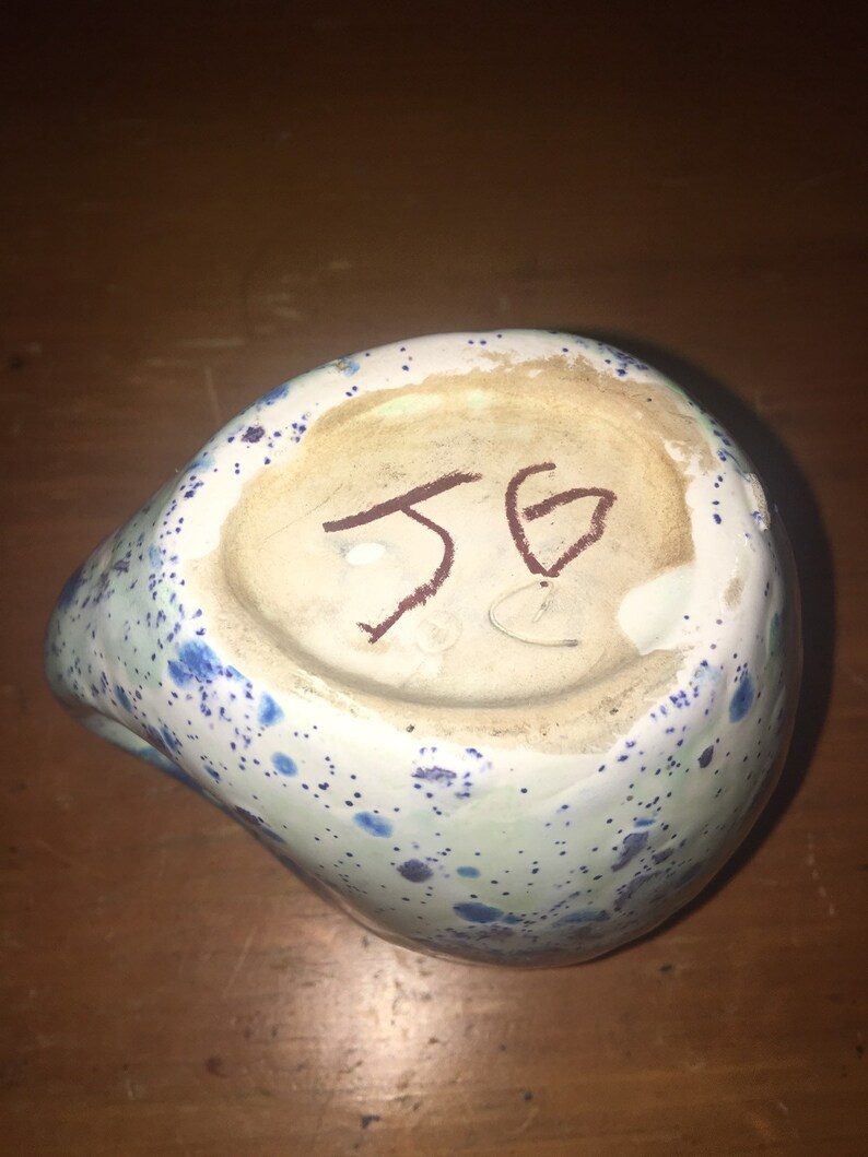 3 38\u201d x 2 78\u201d Hand Crafted Glazed Clay Pottery Studio Art Blue /& Green Spotted Mug Cup Signed by Artist \u2018JG\u2019