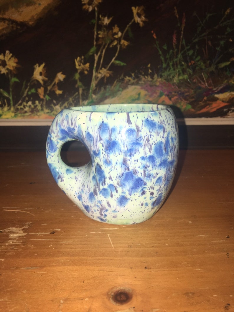 3 38\u201d x 2 78\u201d Hand Crafted Glazed Clay Pottery Studio Art Blue /& Green Spotted Mug Cup Signed by Artist \u2018JG\u2019