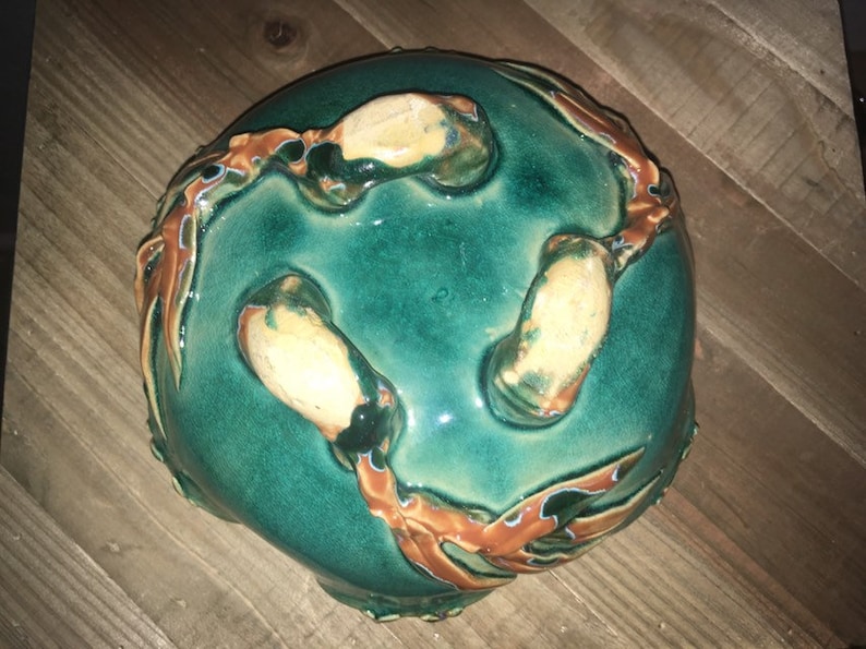 7.5\u201dx3.5\u201d Hand Painted Majolica Style 2 lb Clay Pottery Art Frog Toad Bowl