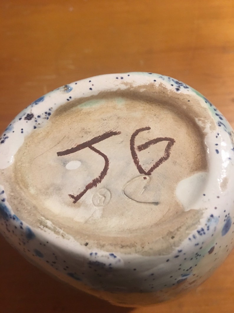 3 38\u201d x 2 78\u201d Hand Crafted Glazed Clay Pottery Studio Art Blue /& Green Spotted Mug Cup Signed by Artist \u2018JG\u2019