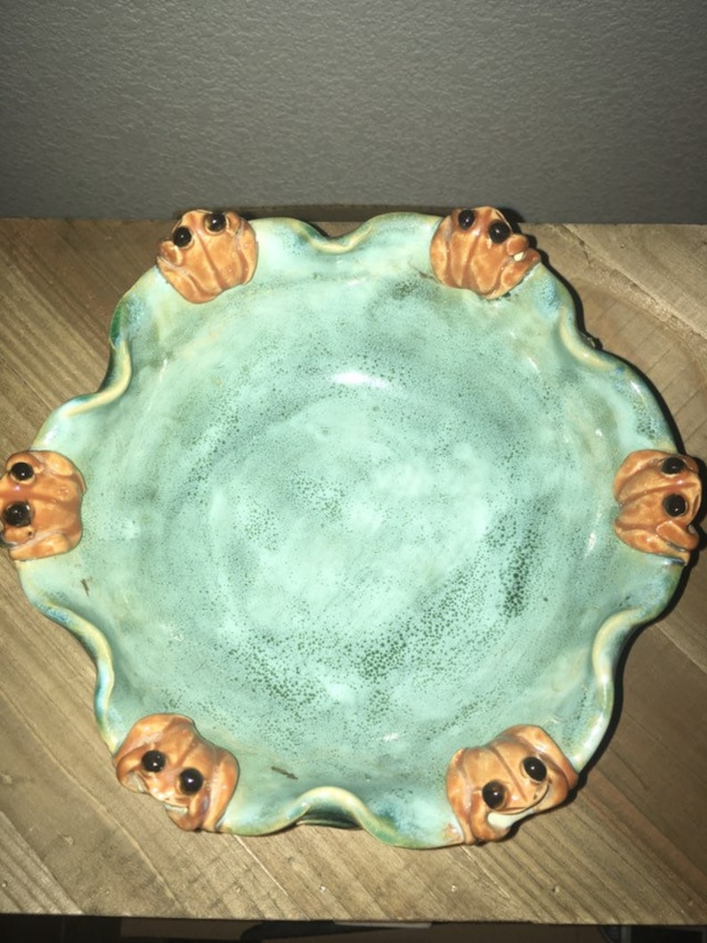 7.5\u201dx3.5\u201d Hand Painted Majolica Style 2 lb Clay Pottery Art Frog Toad Bowl