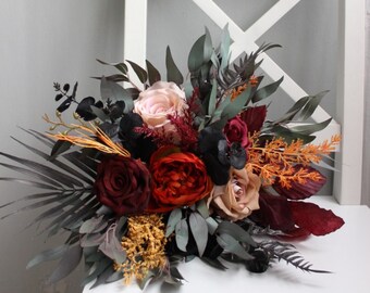 Black orange burgundy bouquet, Moody bouquet, Gothic wedding bouquet