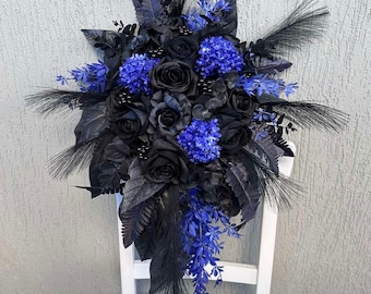 Gothic wedding bouquet, Black blue bouquet, Moody wedding bouquet