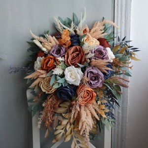 Rust navy purple wedding bouquet, Cascading bouquet, Fall wedding bouquet