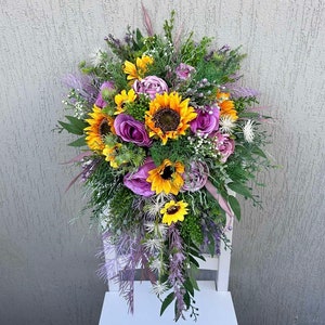 Sonnenblume mauve lila Bouquet, Heller Hochzeitsstrauß, Rustikaler Brautstrauß, Wildblumenstrauß