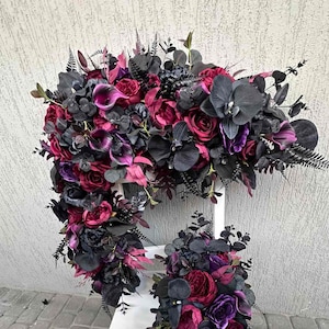 Black burgundy purple arch flowers, Gothic wedding decor, Moody wedding flowers