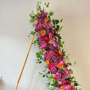Purple pink orange arch swag, Wedding arbor decor, Colorful wedding flowers