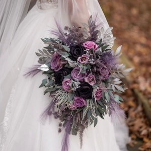 Sage mauve purple silver bouquet, Gothic wedding bouquet, Moody bouquet, Cascading bouquet image 1