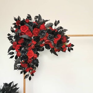 Red black arch swag, Gothic wedding arch flowers, Halloween wedding decor