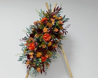 Fall wedding flower arch, Burnt orange burgundy arch flowers, Wedding arch swag