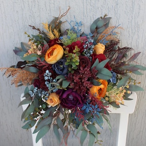 Burnt orange burgundy bouquet with blueberries, Bridal silk flower bouquet, Fall wedding bouquet