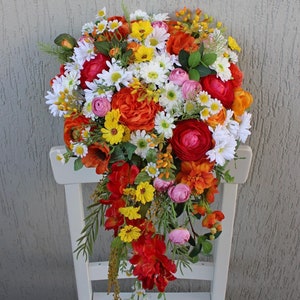 Wildflower bridal bouquet, Orange pink white bouquet, Colorful bouquet, Daisy ranunculus bouquet