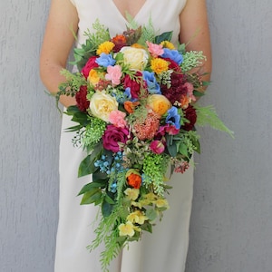 Wildflower bridal bouquet, Jewel tone bouquet, Orange hot pink bridesmaid bouquet, Colorful bouquet