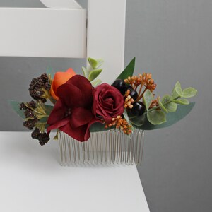 Verbrannte orange Burgund Floral Kamm, Gothic Hochzeit Kamm, Herbst Hochzeit Kopfschmuck