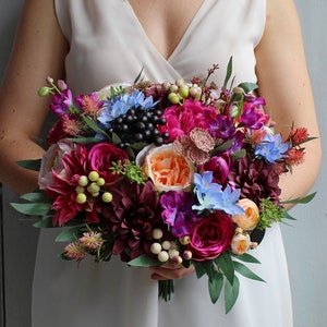 Jewel tone bouquet, Multicolor wedding bouquet, Colorful hot pink peach bouquet