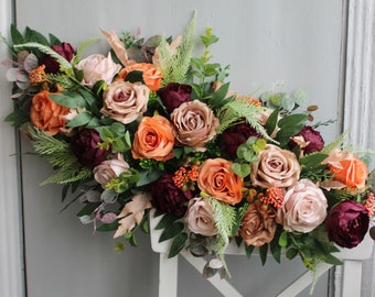 Rustic wedding flower arch , Burnt orange burgundy arch flowers, Wedding arch swag