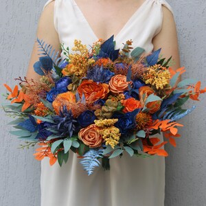 Burnt orange navy blue wedding bouquet, Silk flower bouquet, Fall wedding bouquet