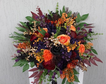 Burnt orange burgundy purple black gold bouquet, Silk flower bouquet, Fall wedding bouquet