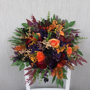 Burnt orange burgundy purple black gold bouquet, Silk flower bouquet, Fall wedding bouquet
