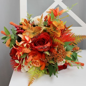 Orange ivory green wedding bouquet, Bridesmaid bouquet, Fall wedding bouquet