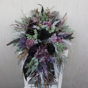 Sage mauve purple black bouquet, dark wedding bouquet, gothic bouquet, cascading bridal bouquet, faux flowers