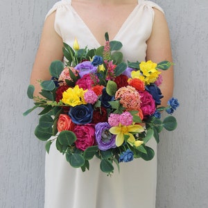 Jewel tone bouquet, Colorful wedding bouquet, Purple fuchsia orange navy yellow bouquet