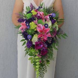 Purple pink green bouquet, Colorful bridal bouquet, Rainbow bouquet, Bright wildflowers bouquet