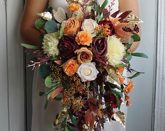 Muted orange burgundy ivory bouquet, Fall wedding bouquet, Cascading bridal bouquet