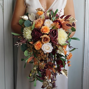 Muted orange burgundy ivory bouquet, Fall wedding bouquet, Cascading bridal bouquet